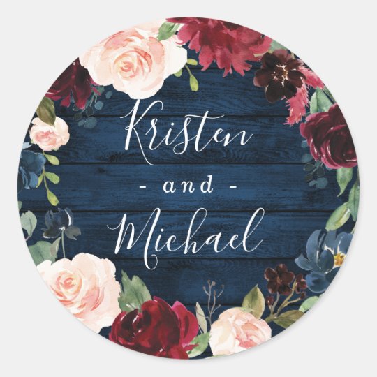 Navy Blue Burgundy Blush Watercolor Wreath Wedding Classic Round Sticker | Zazzle.com