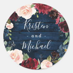 Navy Blue Burgundy Blush Watercolor Wreath Wedding Classic Round Sticker