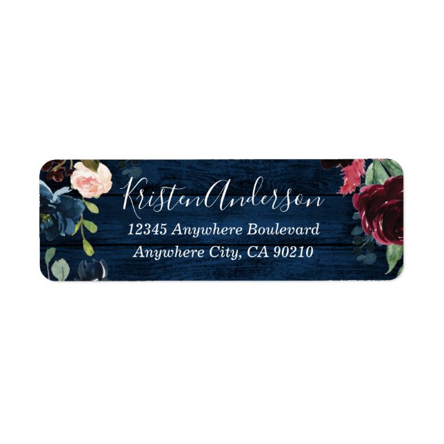 Navy Blue Burgundy Blush Watercolor Wreath Wedding Label (Front)
