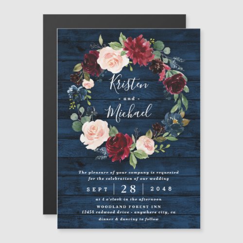 Navy Blue Burgundy Blush Watercolor Wreath Wedding Magnetic Invitation