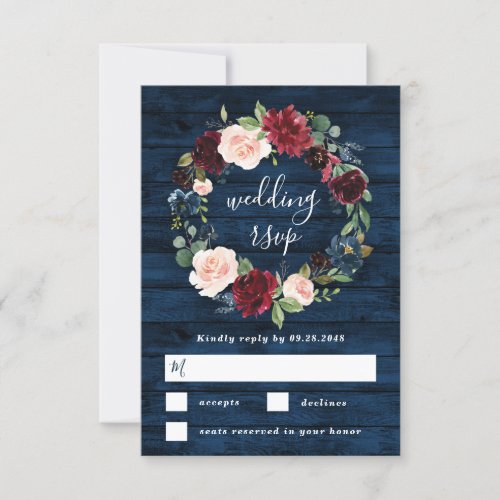 Navy Blue Burgundy Blush Watercolor Wreath Wedding RSVP Card