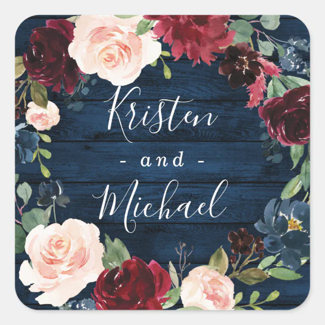 Navy Blue Burgundy Blush Watercolor Wreath Wedding Square Sticker | Zazzle