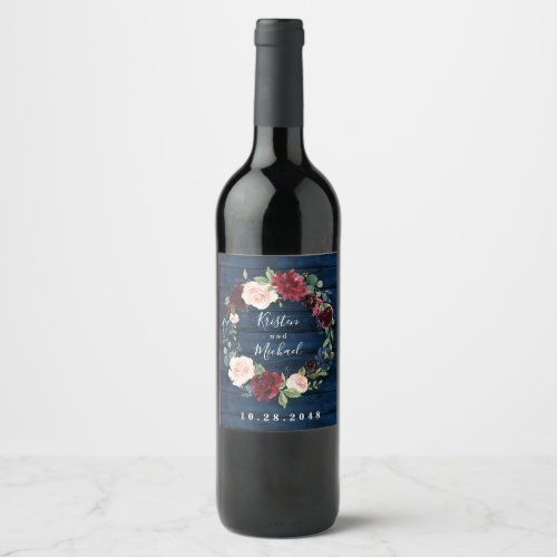 Navy Blue Burgundy Blush Watercolor Wreath Wedding Wine Label