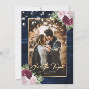 Navy Blue Burgundy Blush Wedding Photo Save The Date