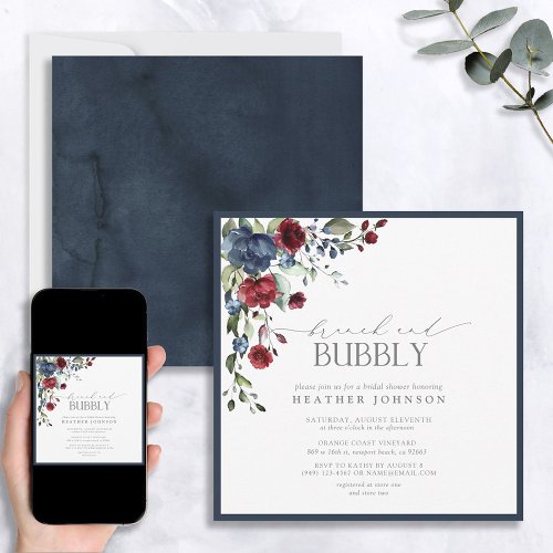 Navy Blue Burgundy Botanical Brunch Bubbly Shower Invitation