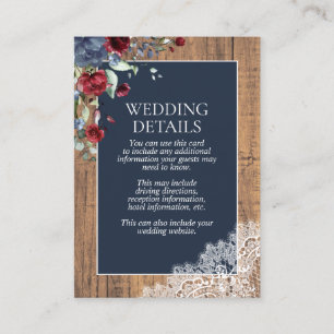 Navy Blue Burgundy Botanical Lace Wood Details Enclosure Card
