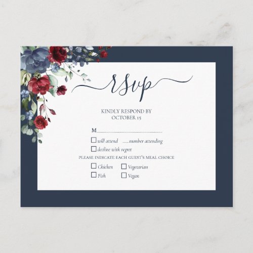 Navy Blue Burgundy Botanical Script Wedding RSVP Invitation Postcard