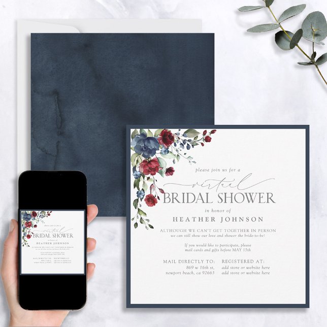 Navy Blue Burgundy Botanical Virtual Shower  Invitation (Creator Uploaded)