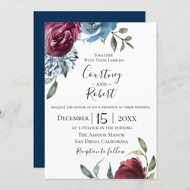 Navy Blue Burgundy Botanical Wedding Invitation (Front/Back)