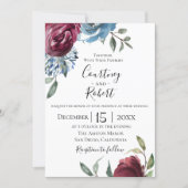Navy Blue Burgundy Botanical Wedding Invitation (Front)