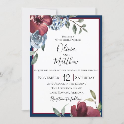 Navy Blue Burgundy Botanical Wedding Invitation