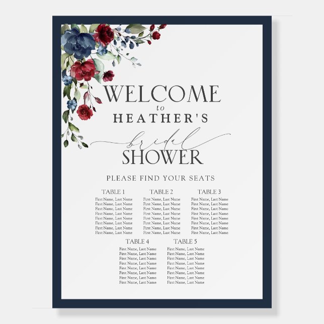 Navy Blue Burgundy Bridal Shower 5 Table Seating Foam Board (Front)