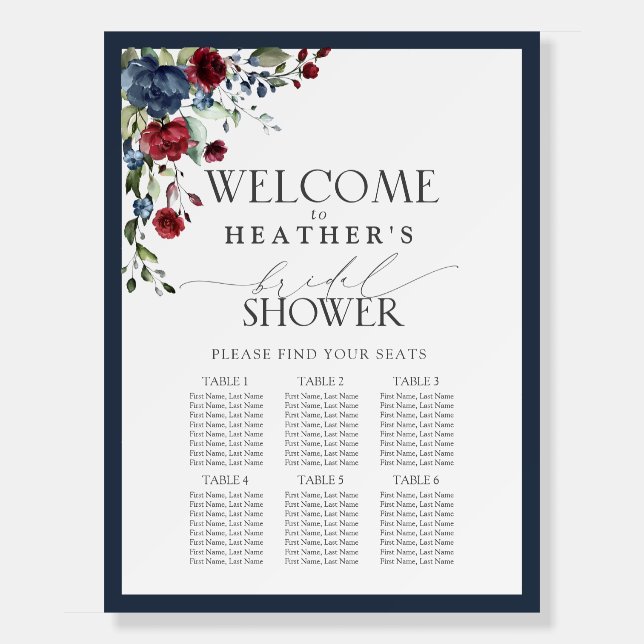 Navy Blue Burgundy Bridal Shower 6 Table Seating Foam Board (Front)