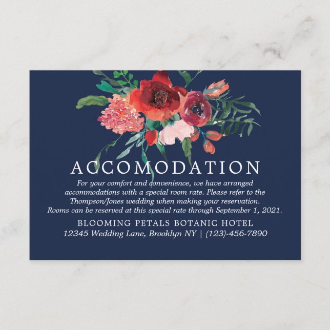 Navy Blue Burgundy Coral Floral Accomodation Enclosure Card (Front)