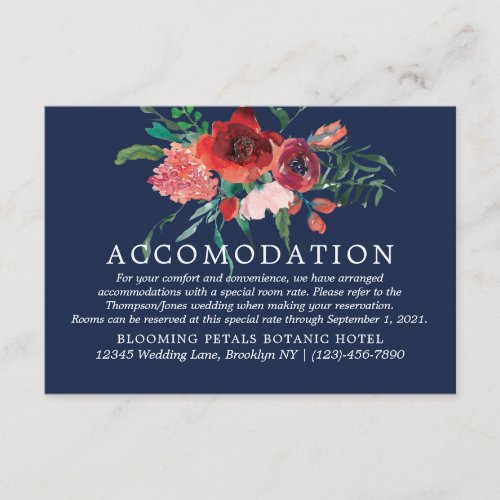 Navy Blue Burgundy Coral Floral Accomodation Enclosure Card