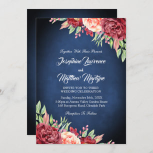 Navy Blue Burgundy Coral Floral Elegant Wedding Invitation