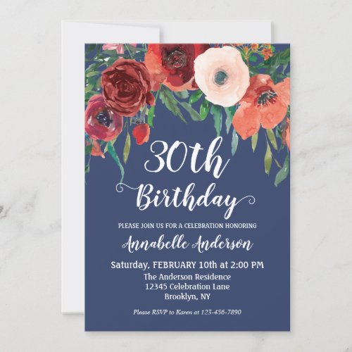 Navy Blue Burgundy Coral Floral Script Birthday Invitation