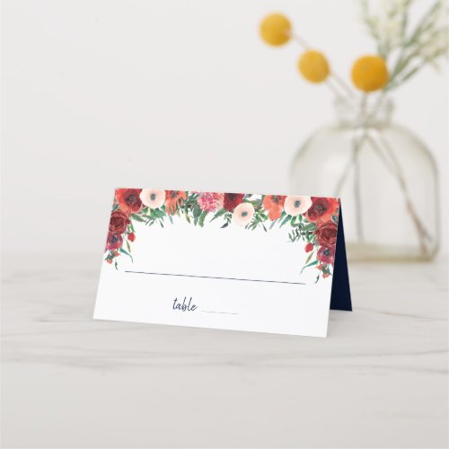 Navy Blue Burgundy Coral Floral Watercolor Wedding Place Card