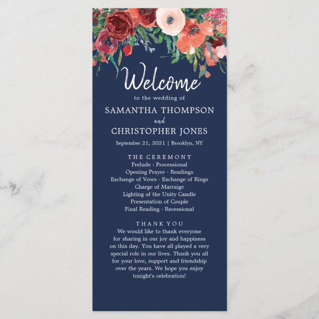 Navy Blue Burgundy Coral Floral Wedding Ceremony Program (Front)