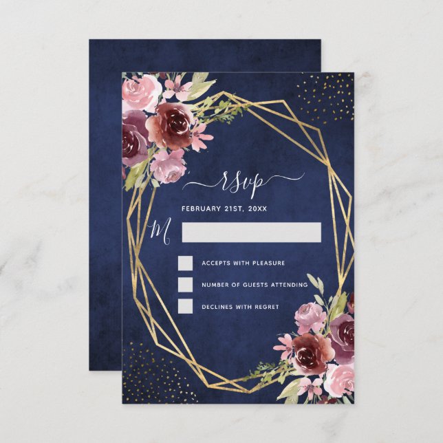 Navy Blue Burgundy Elegant Watercolor RSVP Invitation (Front/Back)