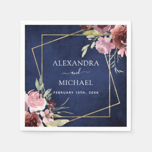 Navy Blue Burgundy Elegant Watercolor Wedding Napkins