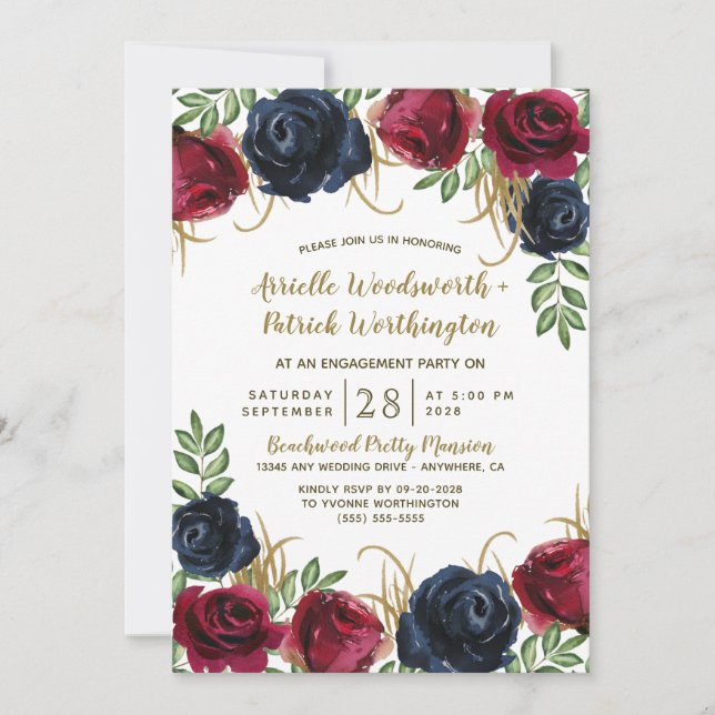 Navy Blue Burgundy Engagement Party Invitations (Front)