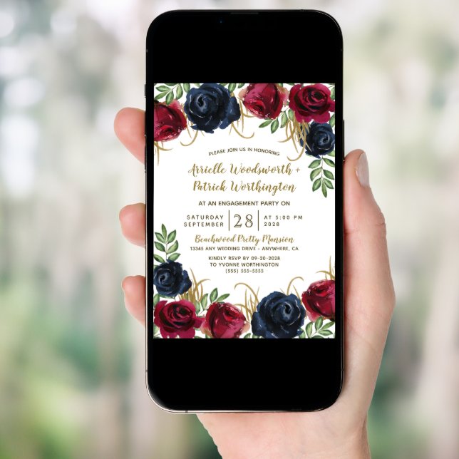 Navy Blue Burgundy Engagement Party Invitations (Front Digital)