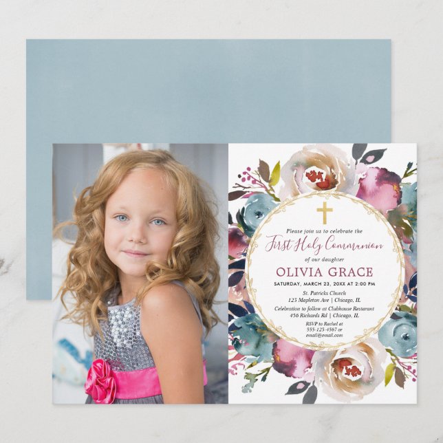 Navy blue burgundy First Holy Communion photo Invitation (Front/Back)