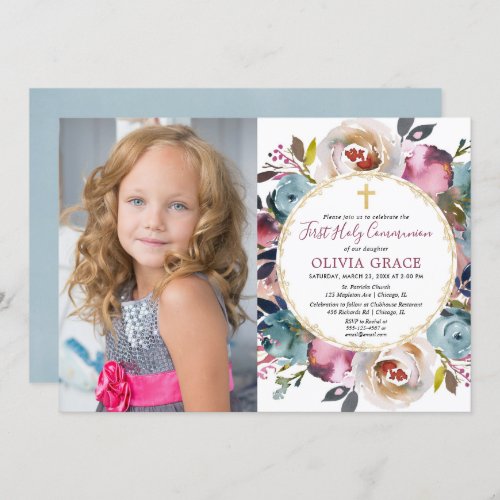 Navy blue burgundy First Holy Communion photo Invitation