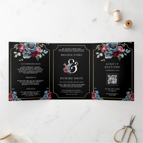 Navy Blue Burgundy Floral Ampersand Black Wedding Tri_Fold Invitation