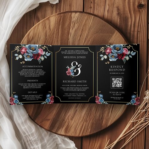Navy Blue Burgundy Floral Ampersand Black Wedding Tri_Fold Invitation