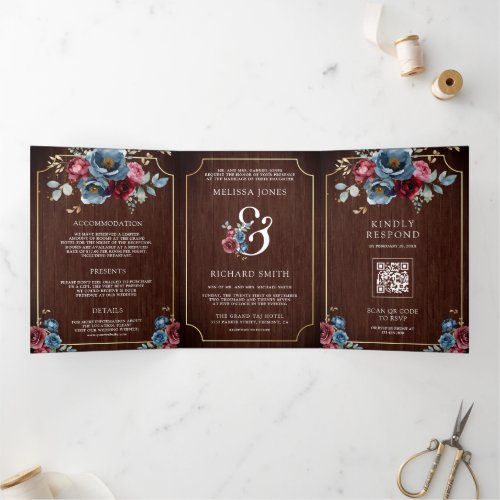 Navy Blue Burgundy Floral Ampersand Wood Wedding Tri_Fold Invitation
