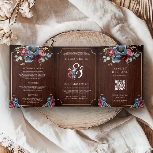 Navy Blue Burgundy Floral Ampersand Wood Wedding Tri_Fold Invitation