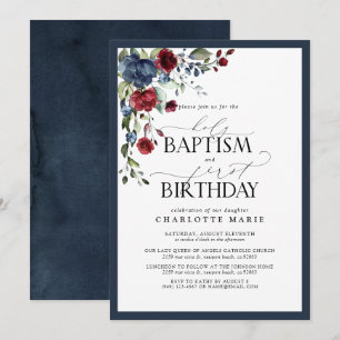 Navy Blue Burgundy Floral Baptism 1st Birthday Invitation