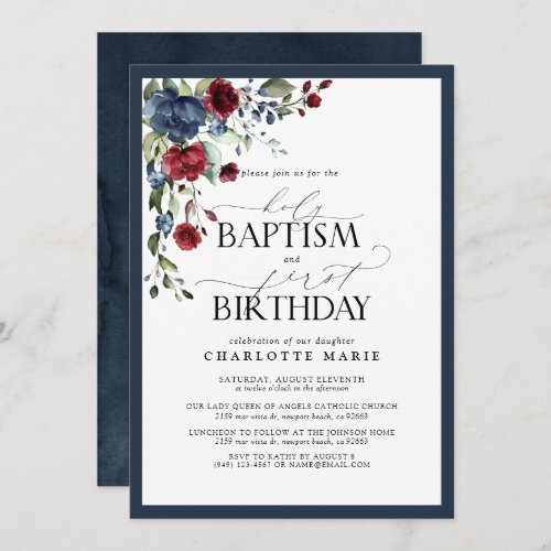 Navy Blue Burgundy Floral Baptism 1st Birthday Invitation