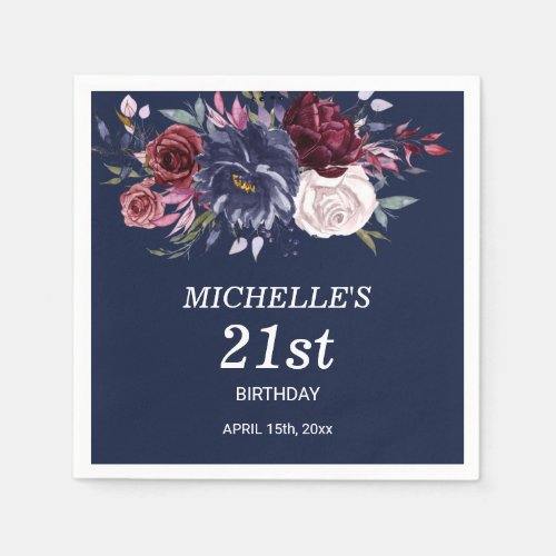 Navy Blue Burgundy Floral Birthday Name Age Napkins