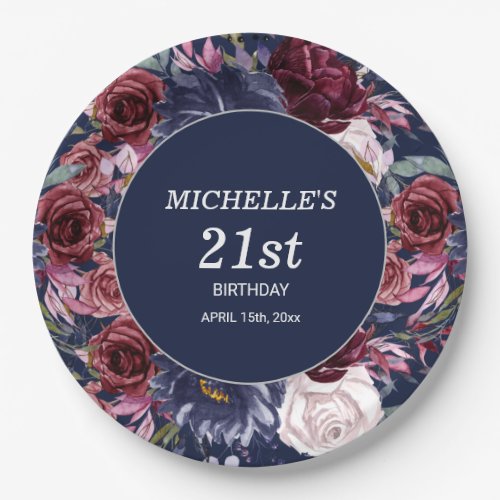 Navy Blue Burgundy Floral Birthday Name Age  Paper Plates