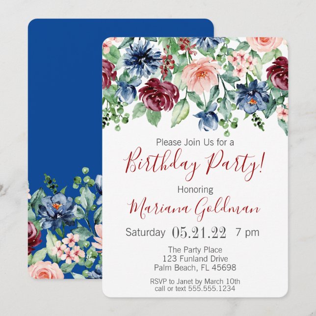 Navy Blue Burgundy Floral Birthday Party Invitatio Invitation (Front/Back)