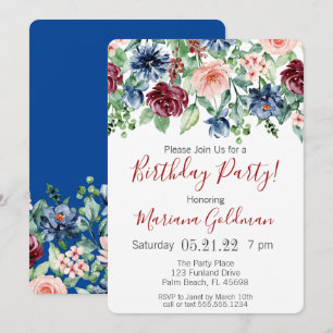 Navy Blue Burgundy Floral Birthday Party Invitatio Invitation