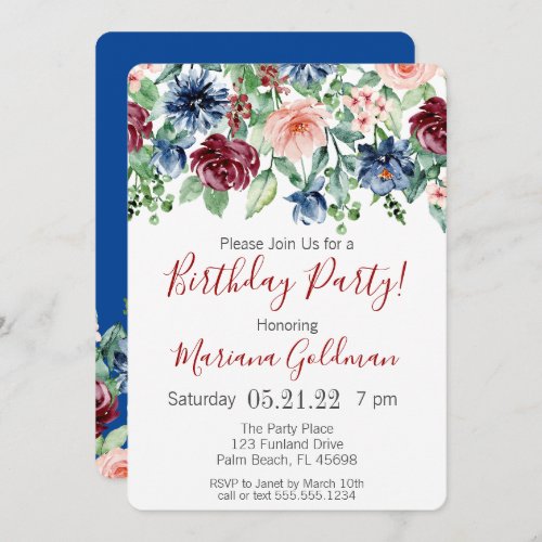 Navy Blue Burgundy Floral Birthday Party Invitatio Invitation