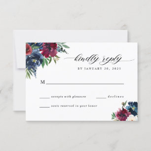 Navy Blue Burgundy Floral Bloom Watercolor Wedding RSVP Card