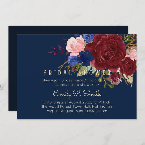 Navy Blue Burgundy Floral Bouquet Wedding Invitation