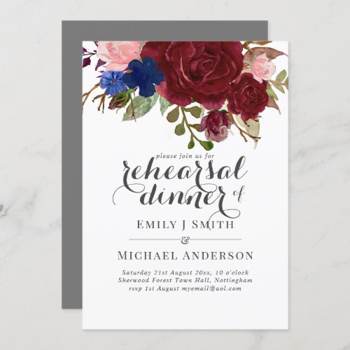 Navy Blue Burgundy Floral Bouquet Wedding Invitation