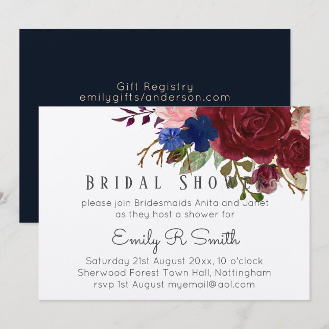 Navy Blue Burgundy Floral Bouquet Wedding Invitation (Front/Back)