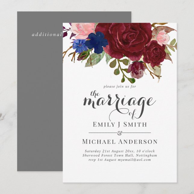 Navy Blue Burgundy Floral Bouquet Wedding Invitation (Front/Back)