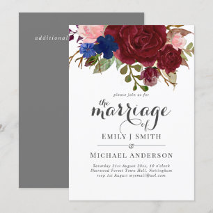 Navy Blue Burgundy Floral Bouquet Wedding Invitation