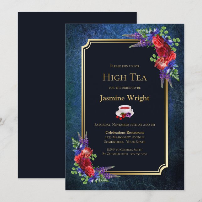 Navy Blue Burgundy Floral Bridal High Tea Invitation (Front/Back)