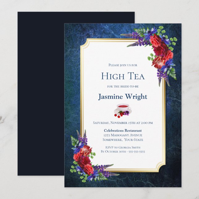 Navy Blue Burgundy Floral Bridal High Tea Invitation (Front/Back)