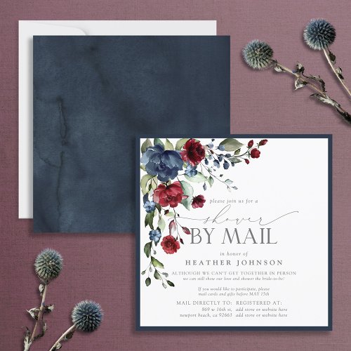 Navy Blue Burgundy Floral Bridal Shower by Mail Invitation