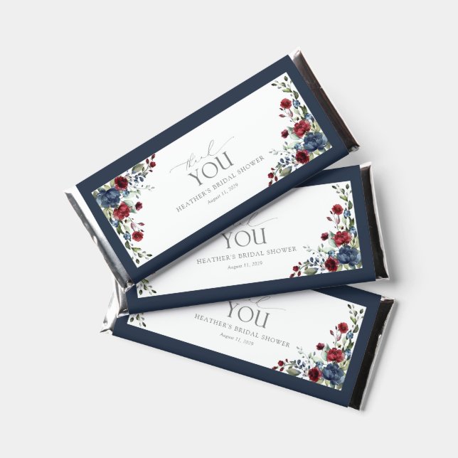 Navy Blue Burgundy Floral Bridal Shower Hershey Bar Favors (Front)